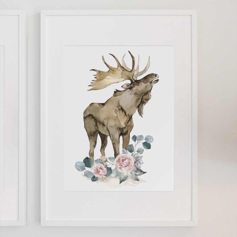 Watercolor Floral Moose Elk Deer Portrait Wall Art Illustration Print Unframed - Picture 5 of 17